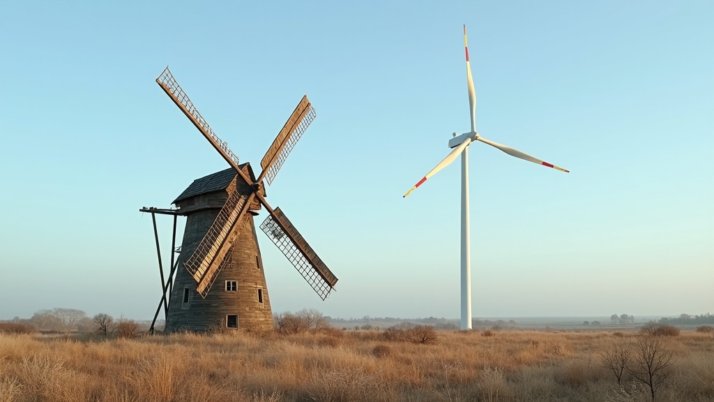 Old windmill beside a modern wind turbine showing the evolution of wind energy technology