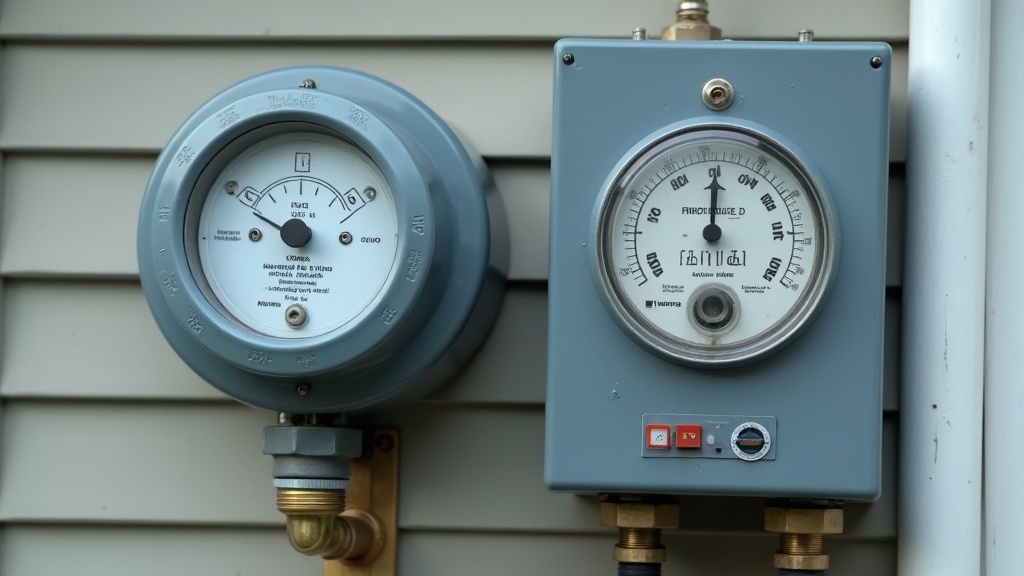 Gas meter and electric meter mounted on a home exterior wall showing dual utility connections