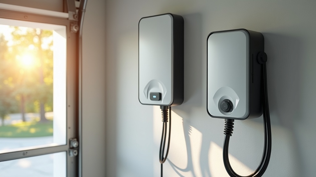 Home EV charger mounted on a garage wall used for Level 2 charging