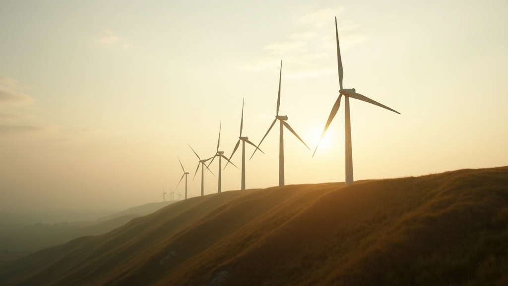 Modern wind turbines on a hillside illustrating the history of wind power