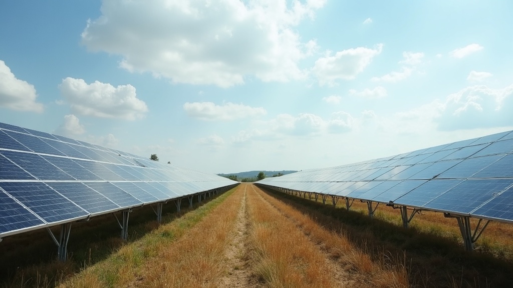 Rows of solar panels in a community solar farm field