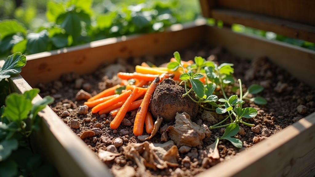 Backyard compost bin showing layers of food scraps and dry leaves for composting basics