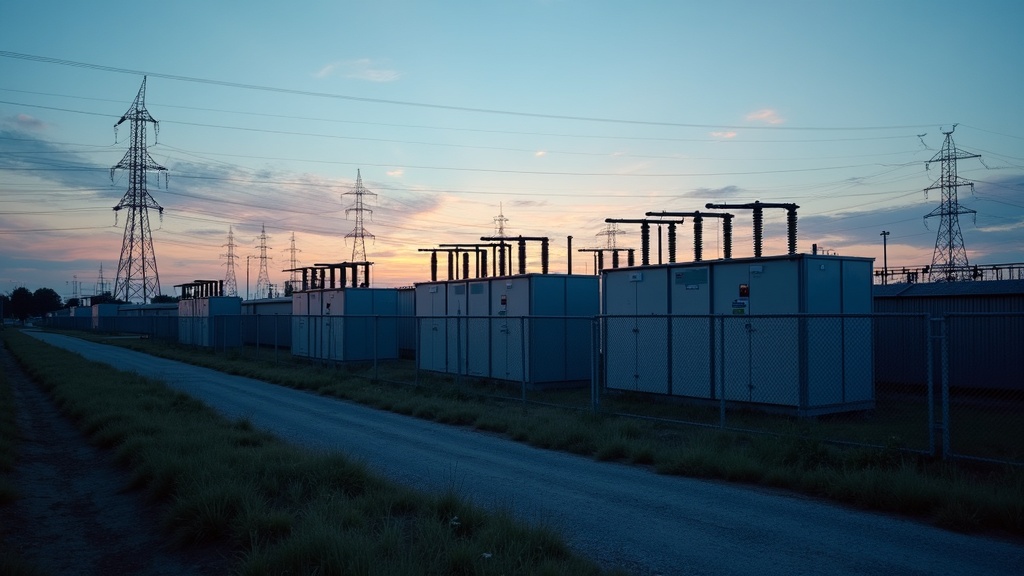 Grid-scale energy storage battery facility with transmission towers in the background