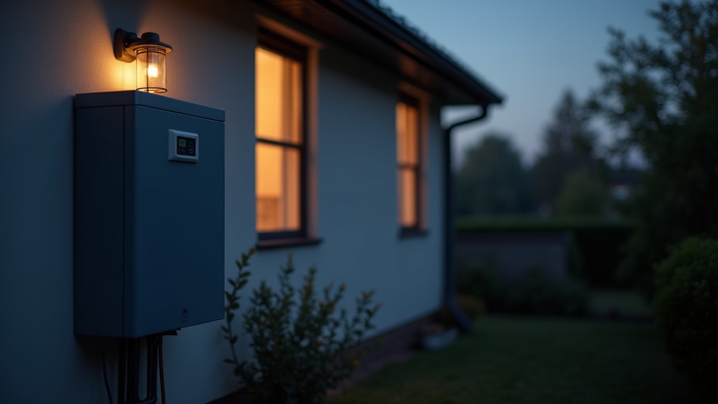 Home battery backup unit mounted outside a house during a power outage at dusk