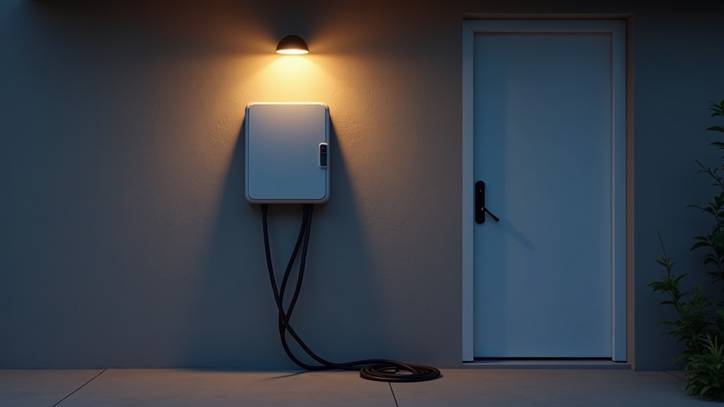 Home EV charger installation on a garage wall next to an electrical panel