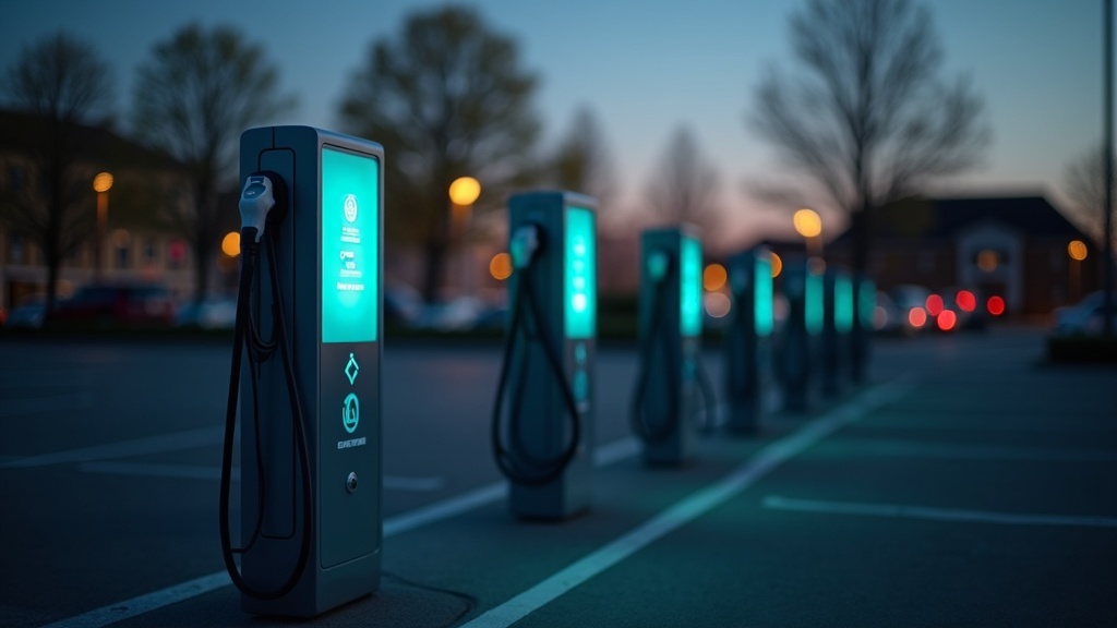 Public EV charging network stations lined up in a parking lot at dusk