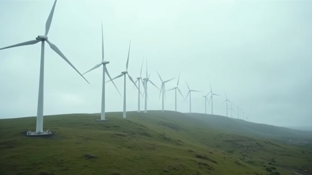 Wind turbines on a ridge generating electricity from moving air