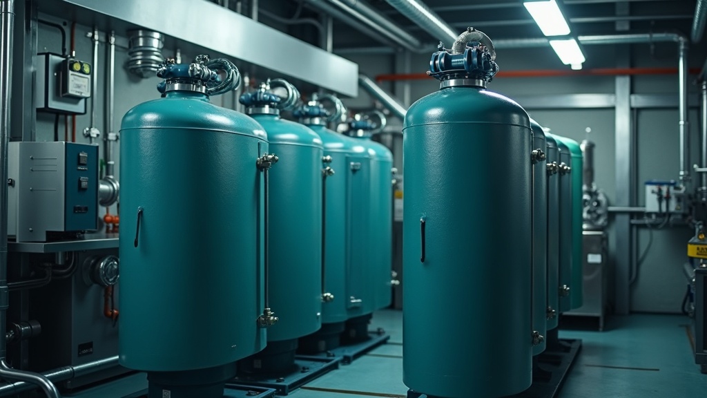 Hydrogen fuel cell equipment with piping and storage tanks at an industrial facility