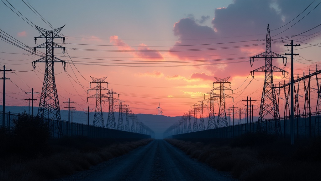 Transmission lines and distant wind turbines representing a renewable portfolio standard