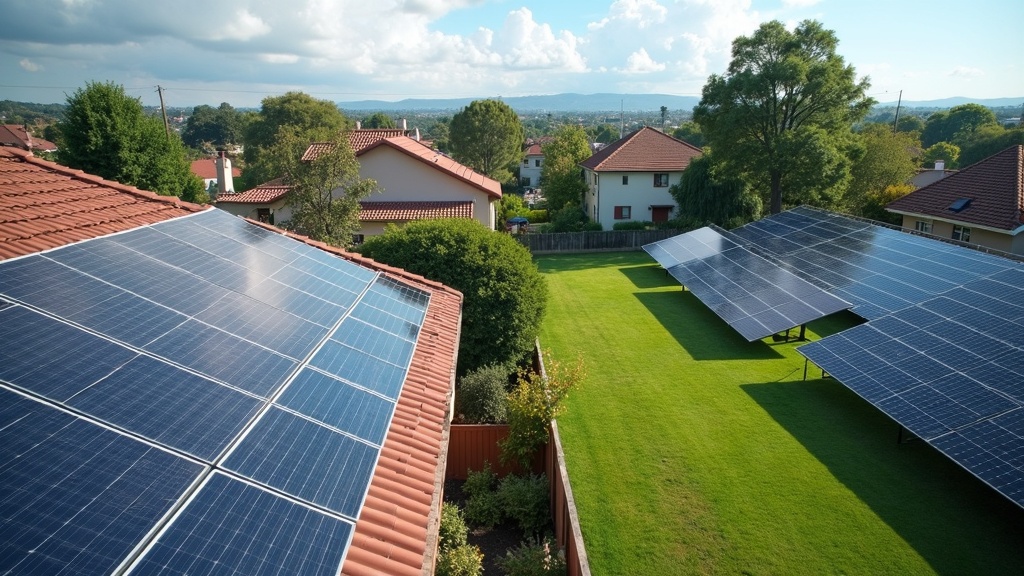 Split view comparing rooftop solar panels and ground-mount solar panels on the same property