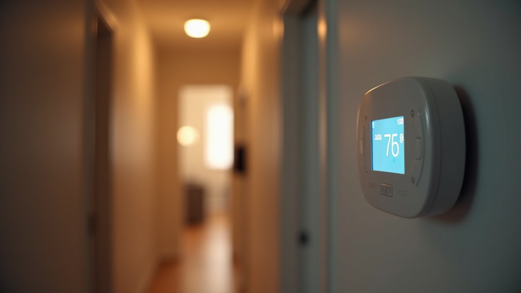 Smart thermostat mounted on a wall showing a temperature display in a home hallway