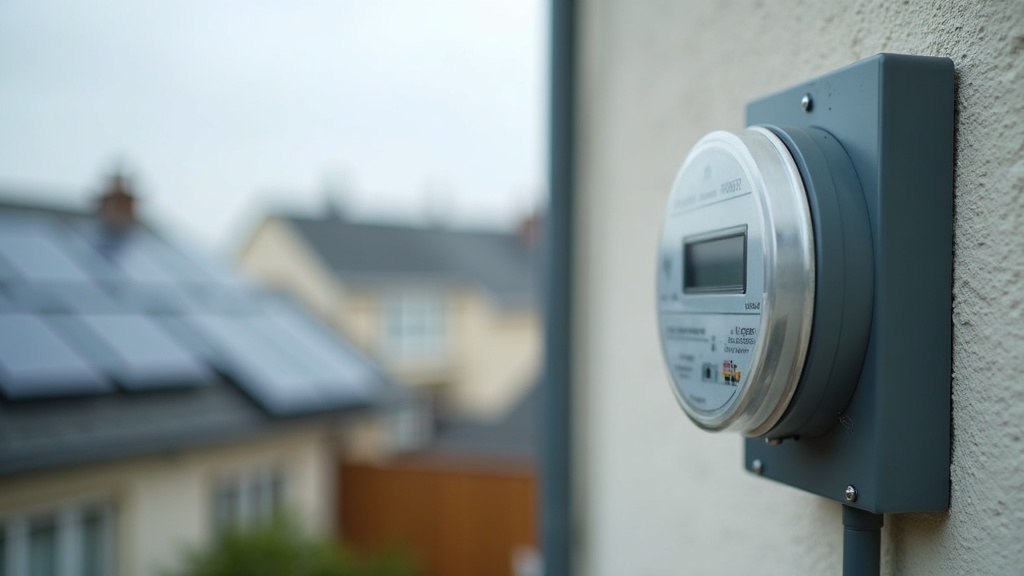 Utility meter and rooftop solar panels illustrating utility interconnection for home solar