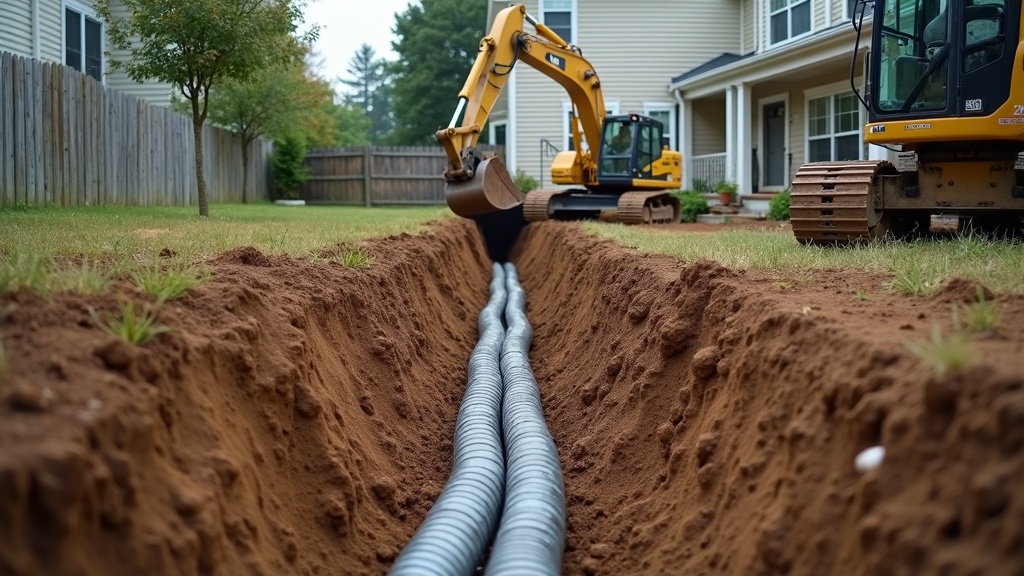 Ground-source heat pump piping being installed in a home backyard trench for geothermal heating