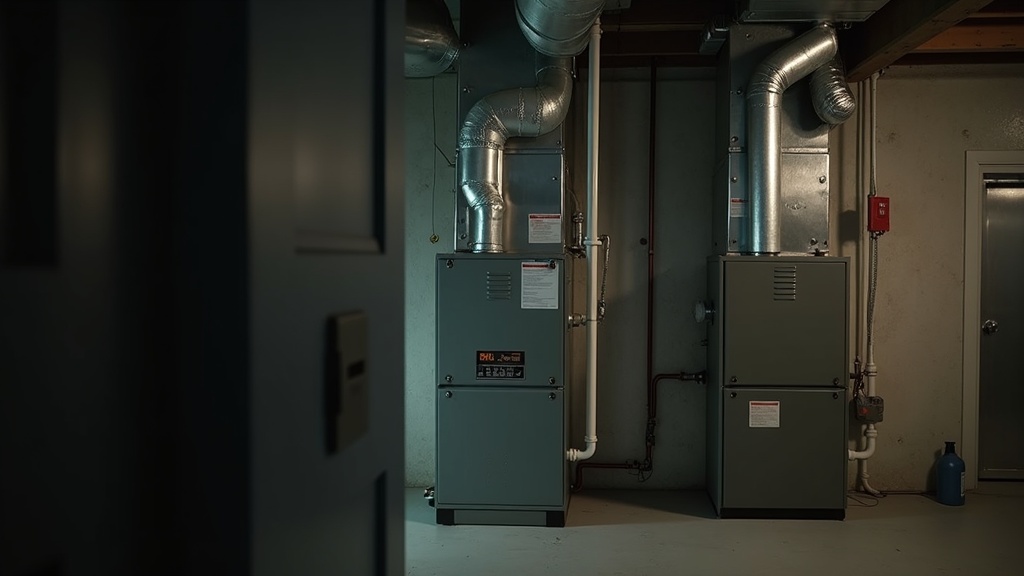 Furnace and ductwork in a home utility room, representing traditional HVAC heating equipment