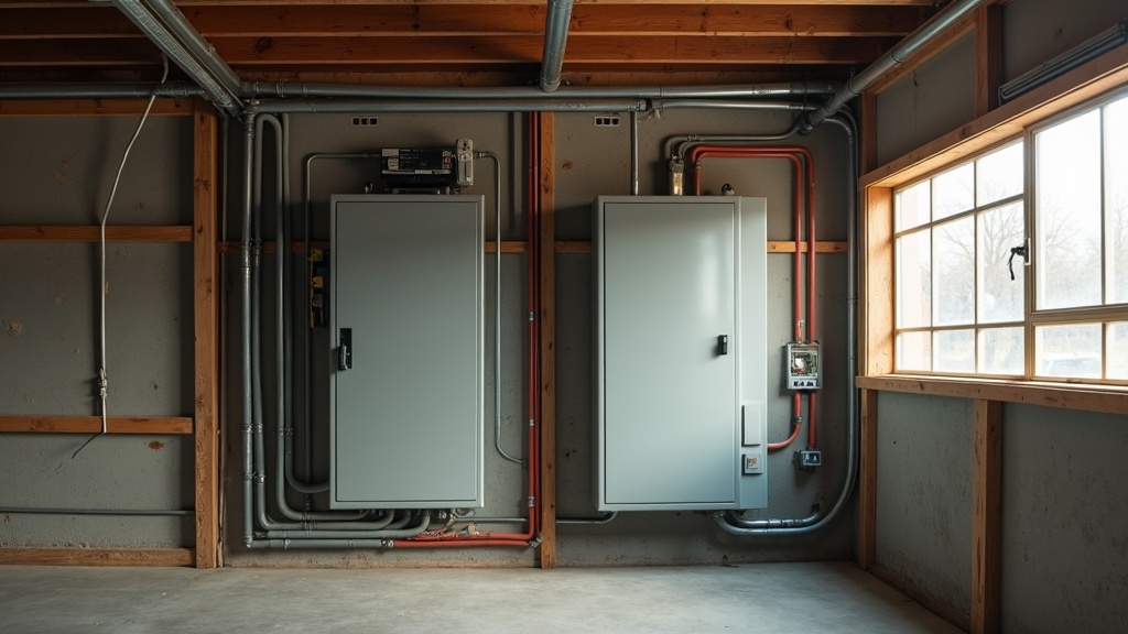 Home battery storage cabinet wired into a household electrical panel