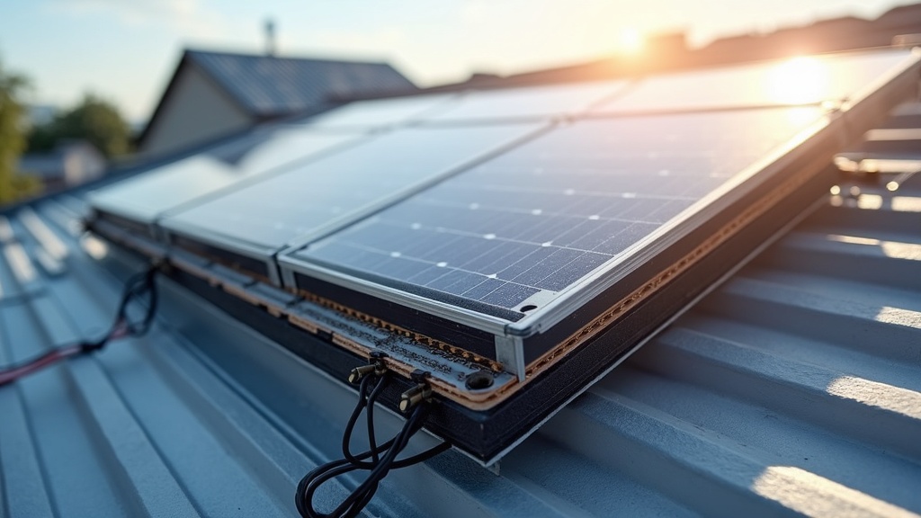 Rooftop solar panel wiring and cell layers illustrating photovoltaic energy conversion