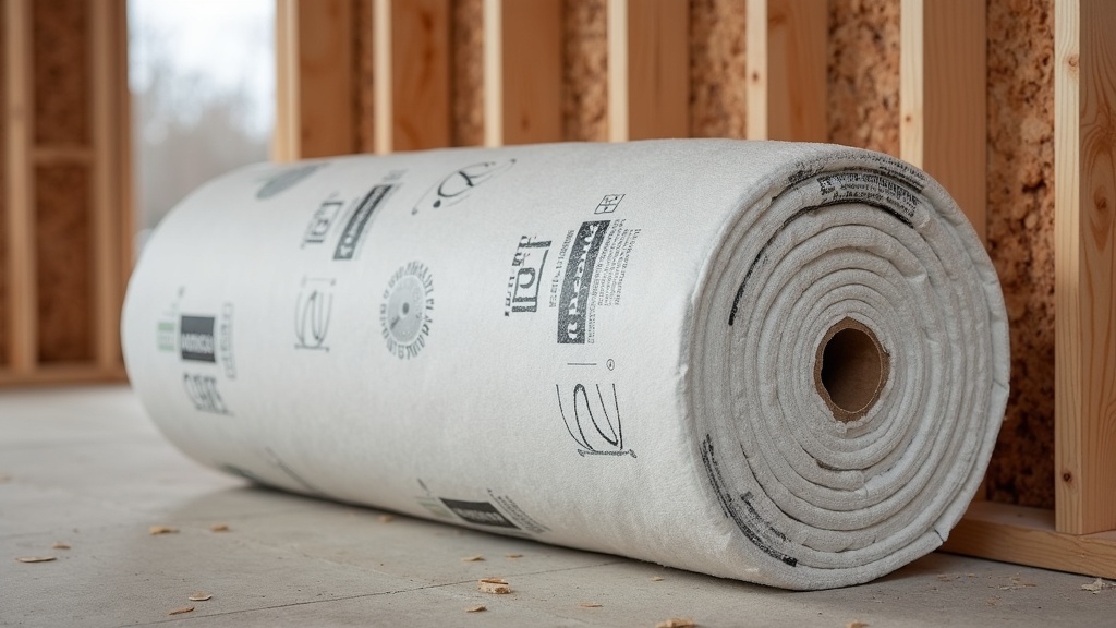 Rolled insulation material stacked near exposed wall framing during a home efficiency upgrade