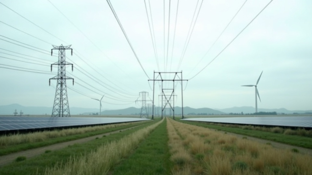 Power lines connecting solar panels and wind turbines under a renewable portfolio standard policy