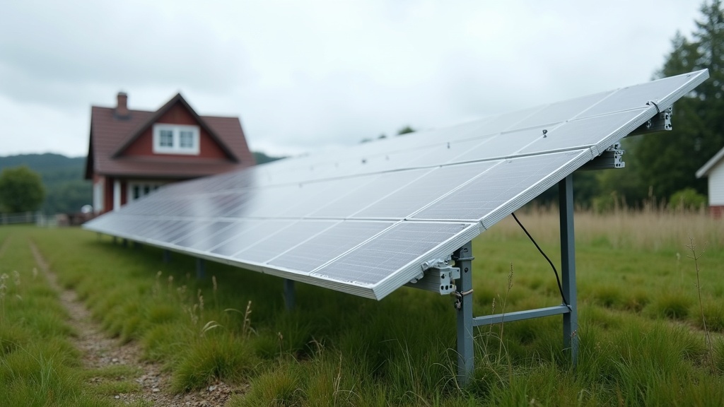 Ground-mount solar array on metal racking installed in a yard near a home