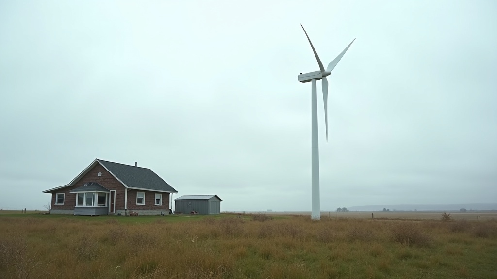 Residential property with a small wind turbine tower near the house, showing wind energy for homes in a rural setting