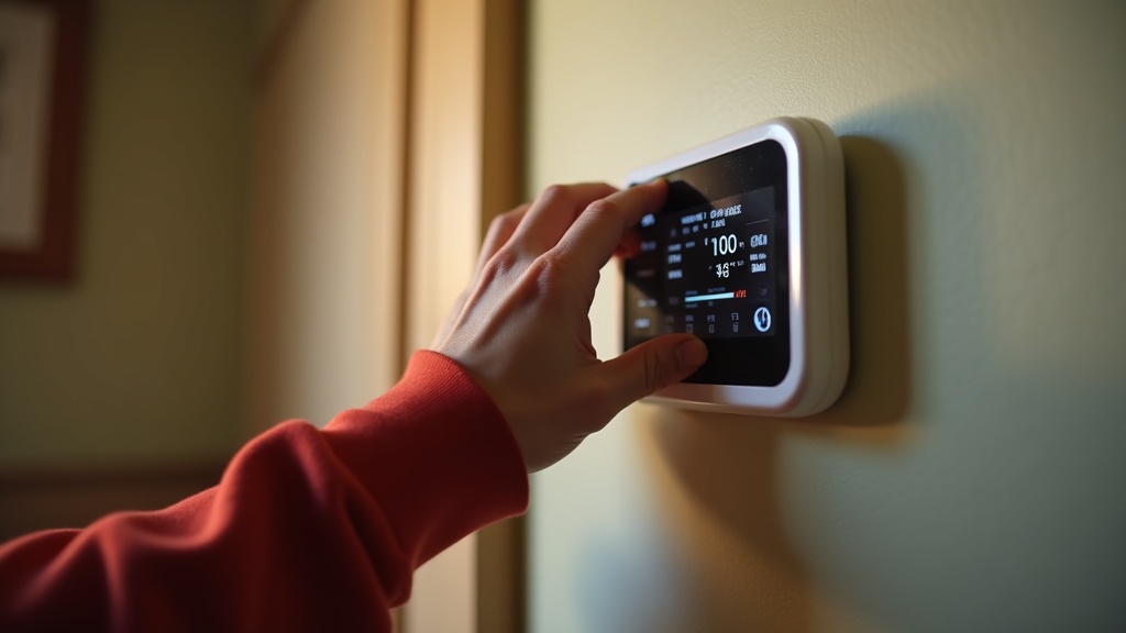 Hand adjusting a smart thermostat dial near a home heating and cooling vent