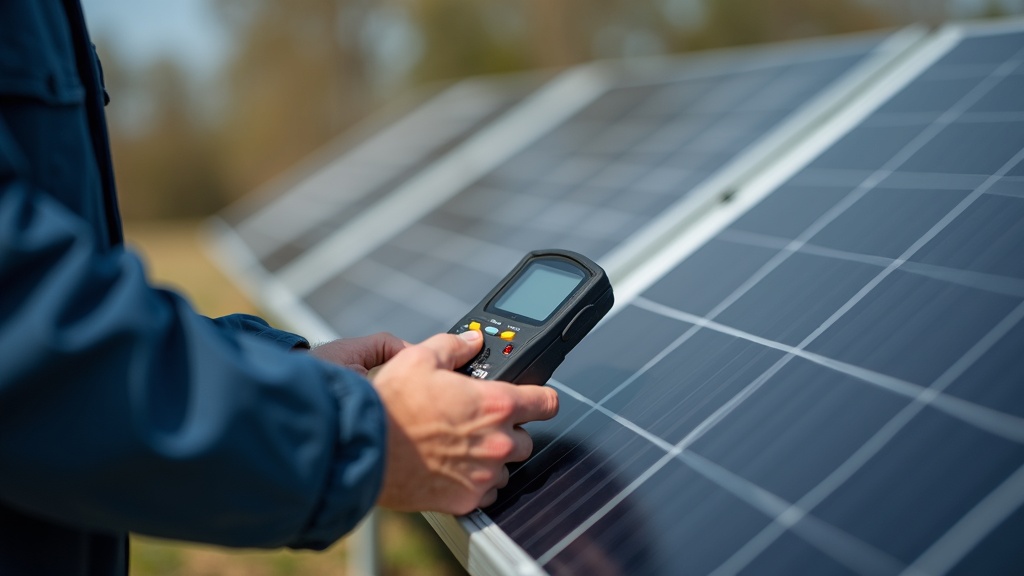 Measuring tool near a solar panel edge representing monitoring of solar panel output degradation