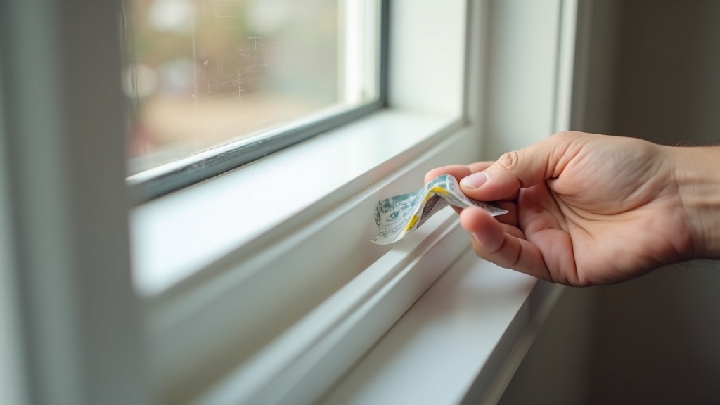 Weatherstripping foam tape applied to a window frame as part of winter home air sealing