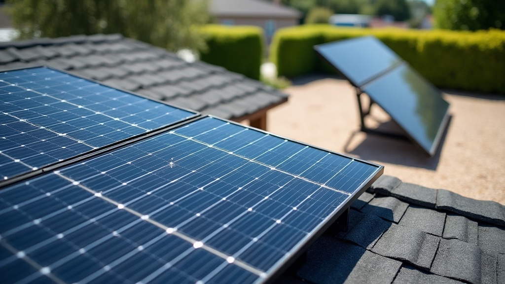 Comparison of a flush rooftop solar mount on dark shingles and a tilted ground-mount array over reflective gravel