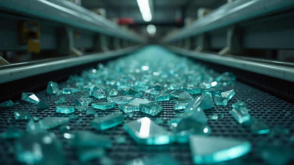 Broken solar panel glass fragments on a conveyor belt during the mechanical recycling stage