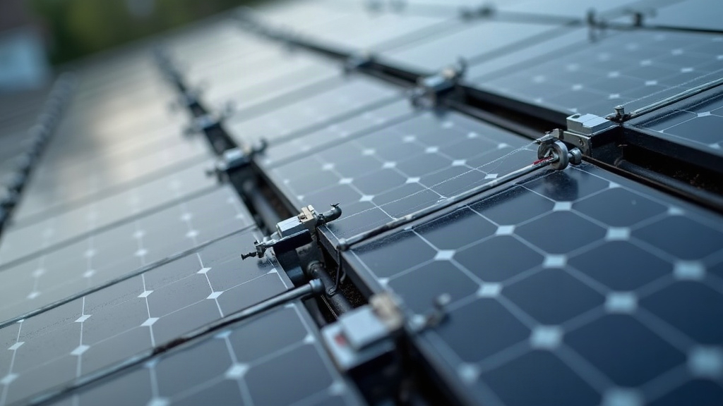 Close-up of microinverters mounted under rooftop solar panels