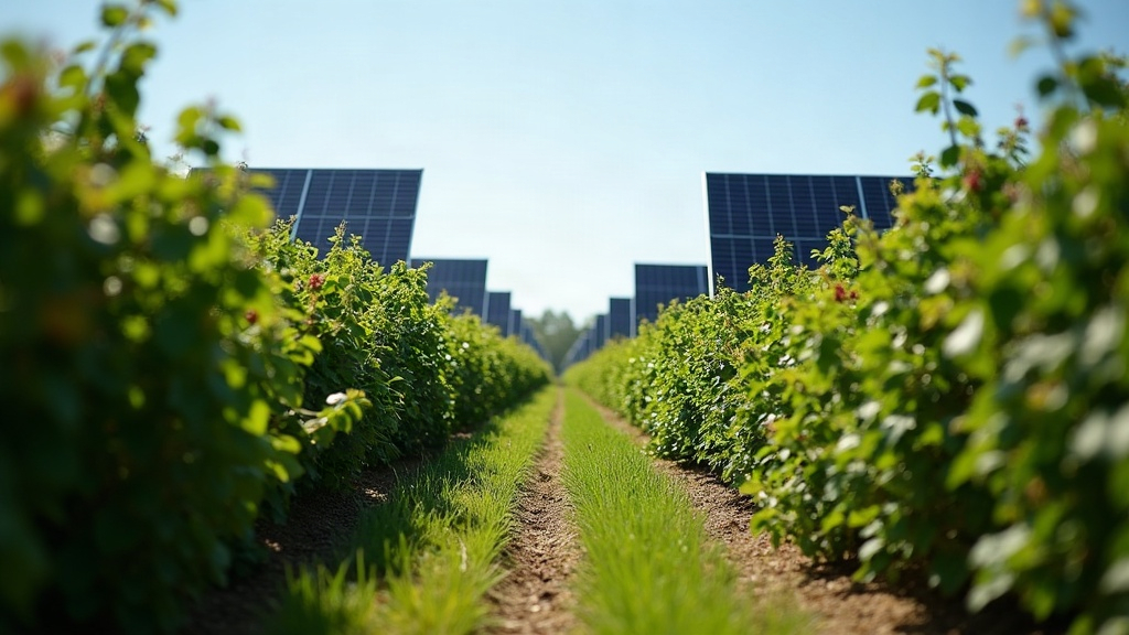Vertical bifacial solar panels installed between rows of berry bushes on a farm