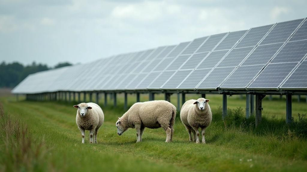Sheep grazing under elevated solar panels on a pasture, an example of agrivoltaics livestock grazing