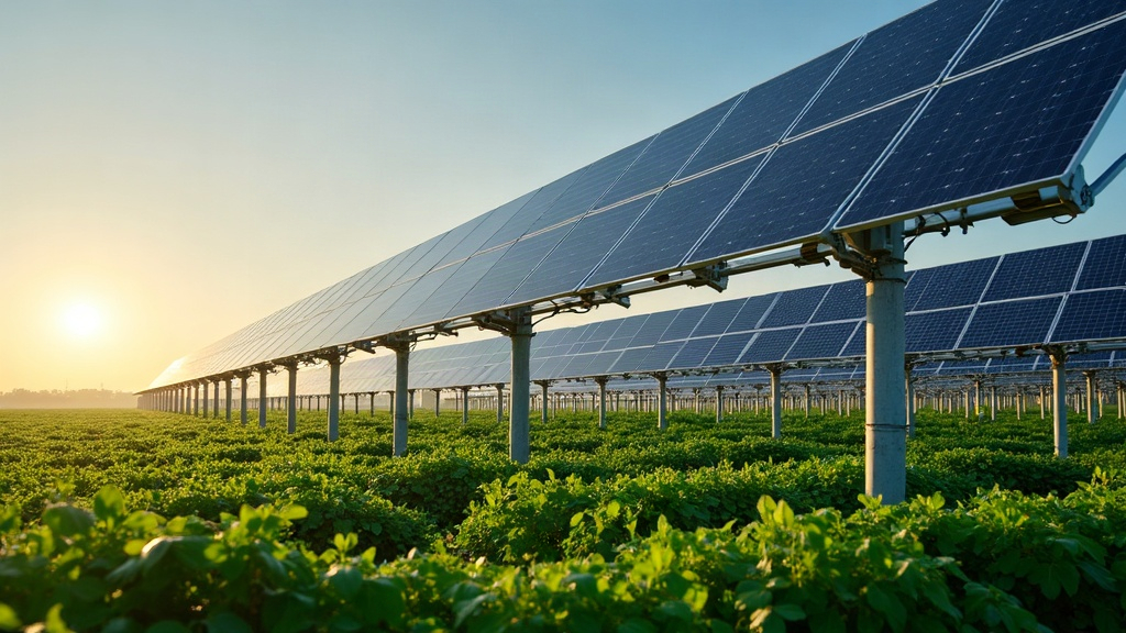 Solar panels mounted on tall posts above farmland with crops growing underneath, illustrating agrivoltaics