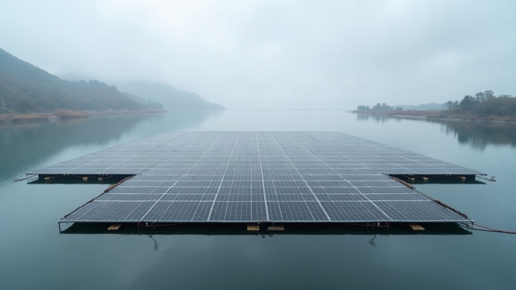 Floating solar farm with rows of solar panels mounted on pontoons across a reservoir